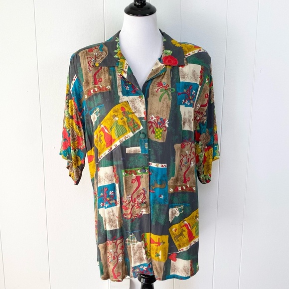 Vintage Fashque Art To Wear Button Down Top 80s Retro Size XL Colorful Patchwork - Picture 1 of 16